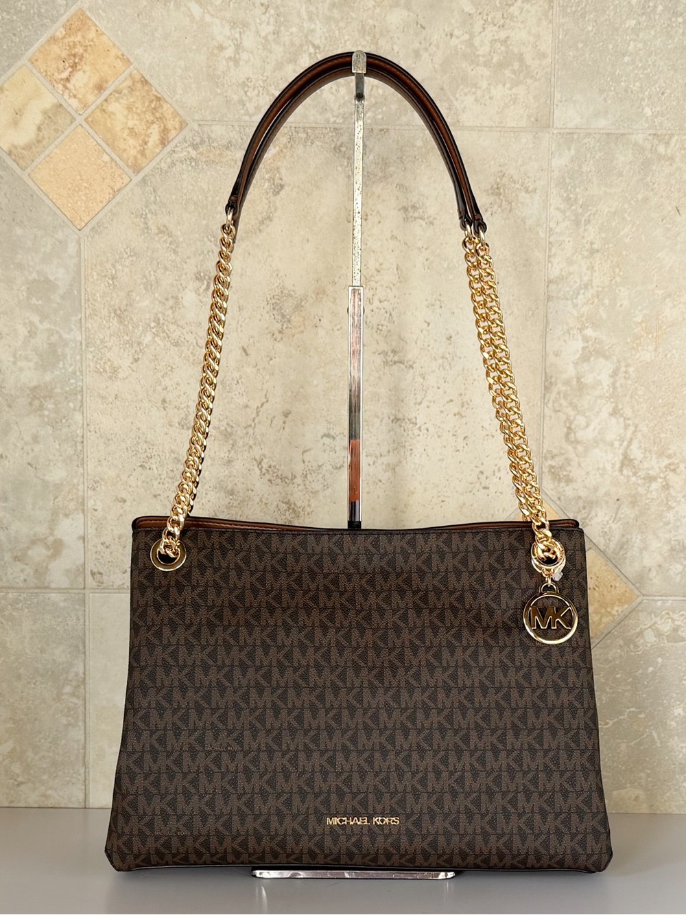 Michael Kors Christina MD Triple Gusset Chain Shoulder Crossbody Bag MK Brown